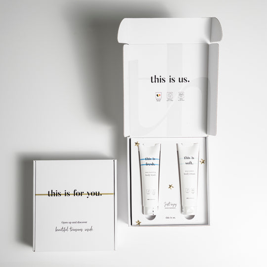 Cadeauset 'this is us.' (per 6) | body wash (150ml) + body cream (150ml)