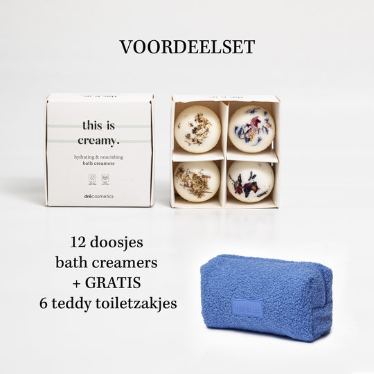 VOORDEELSET "this is creamy." (12x doos van 4 creamers) + gratis 6 teddy toilettasjes van 'this is us.'