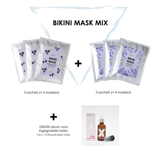 Bikini Mask Mix (3x sachet kalmerend + 3x sachet zuiverend, goed voor 12 maskers in totaal) + gratis serum voor ingegroeide haren van ROYX PRO